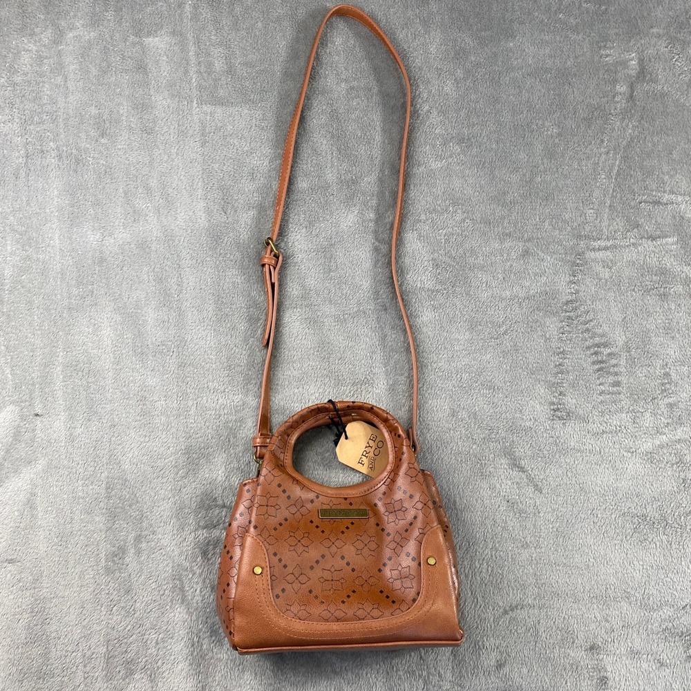 Frye and Co Handbag Cognac Small Brown Crossbody Laser Cut Floral Satchel NWT